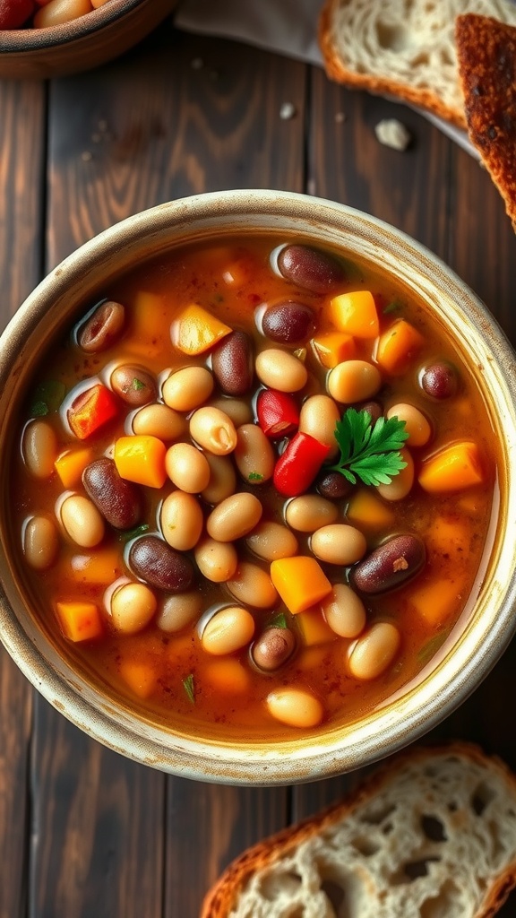 A vibrant bowl of 7-bean soup with beans and vegetables, garnished with parsley, on a wooden table with bread.